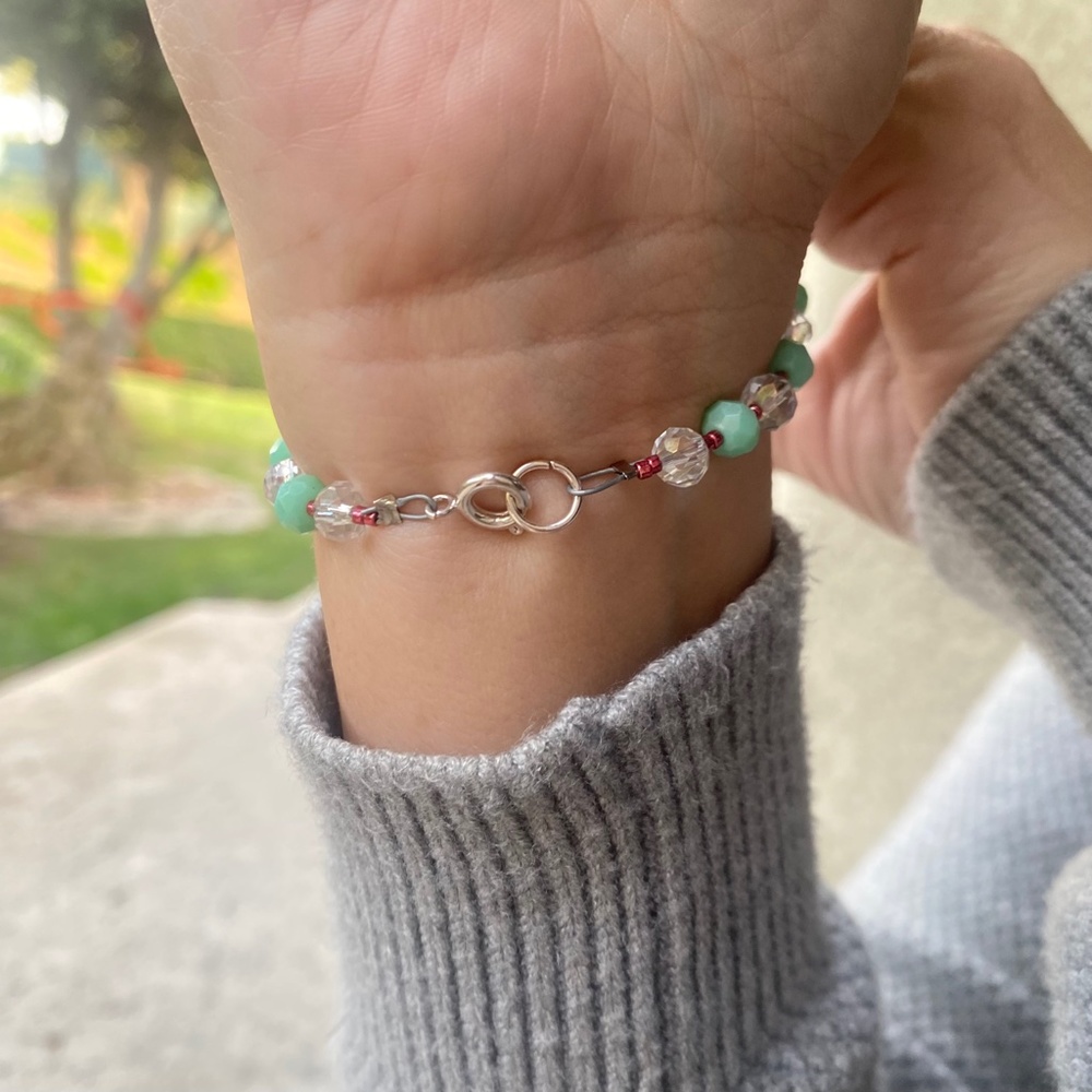HOLA Letter Beaded Bracelet Mint Green, Clear & Metallic Pink Beads - Picture 2 of 6